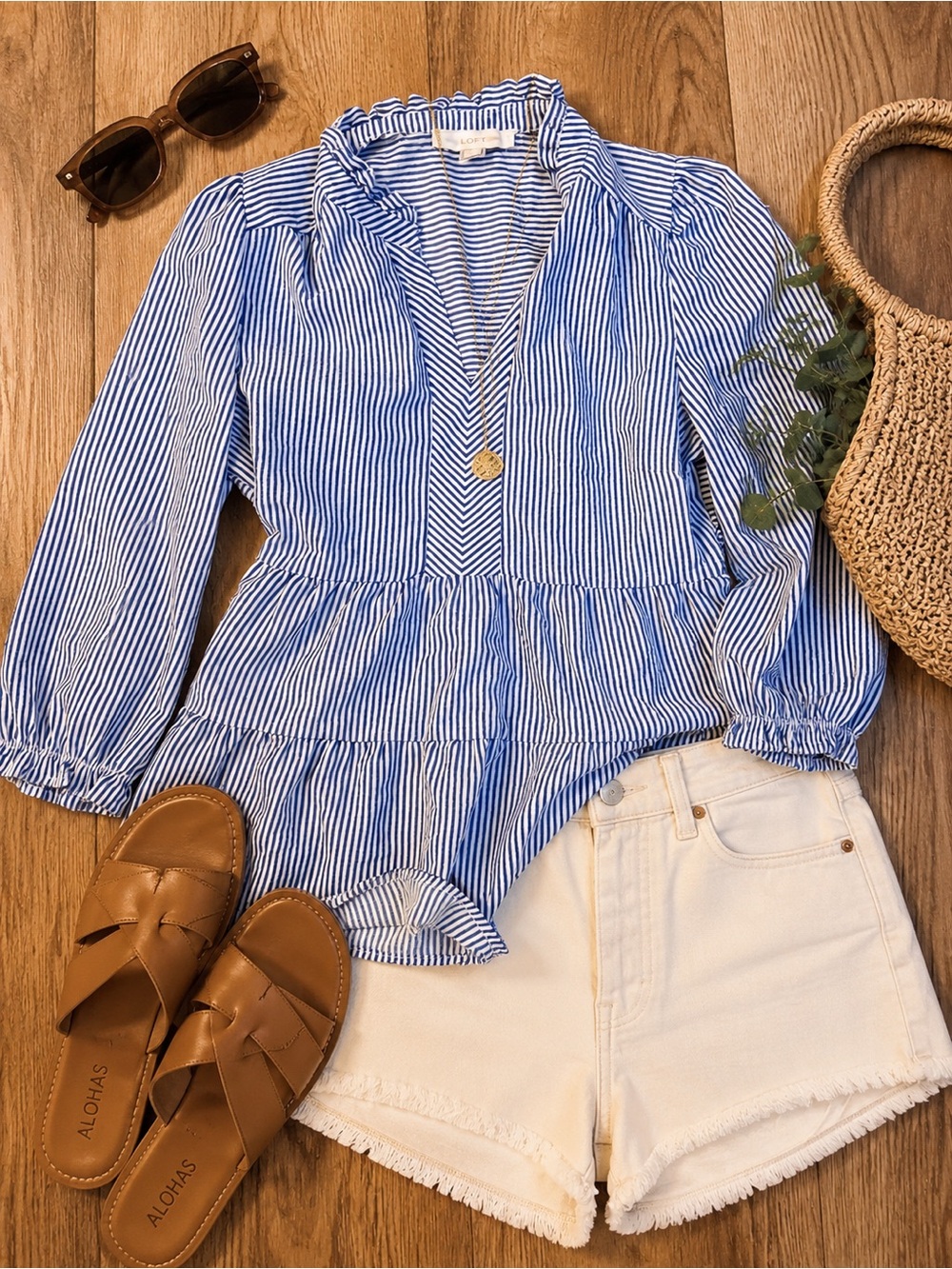 Monteau Blue and White Striped Peplum Bodysuit